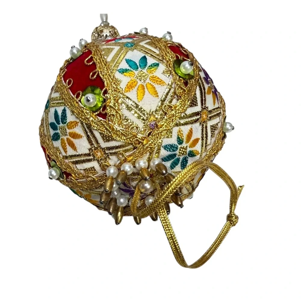 Vintage Beaded Embroidered Egg Christmas Ornament Gold Red‎ Faux Pearl 5